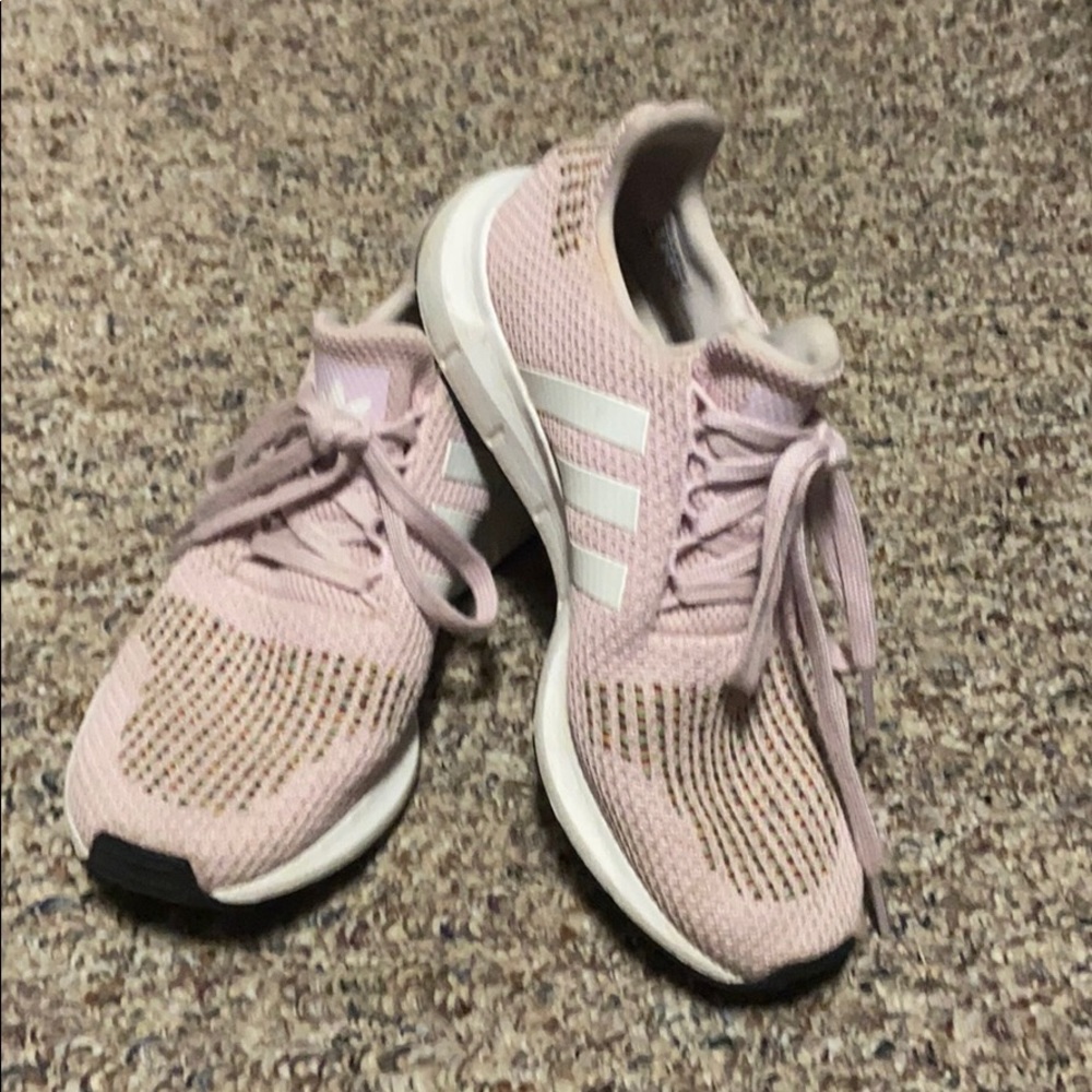 Adidas running shoes. Pink w/t green multi-design.